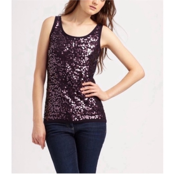 Eileen Fisher shell tank top deep purple merino wool sequins round neck